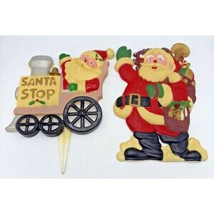 Two Vintage Hard Plastic Santa Christmas Decorations/Wall Hanging & Yard Stake